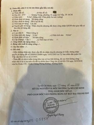 Chinh chu ban nha hem 275/111/17 Quang Trung Gò Vấp 2 phòng