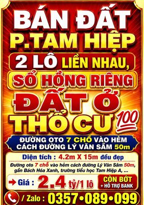 Bán đất tam hiệp, 2 lô liền sổ hồng thổ cư đường oto gần lý văn sâm — ảnh 1