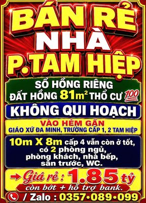Bán rẻ nhà tam hiệp, sổ hồng riêng 81m2 thổ cư gần giáo xứ đa minh — ảnh 1