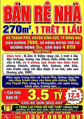 270m2, 1trệt 1lầu bán rẻ nhà gần chợ thạnh phú huyện vĩnh cửu đường 5m — ảnh 1