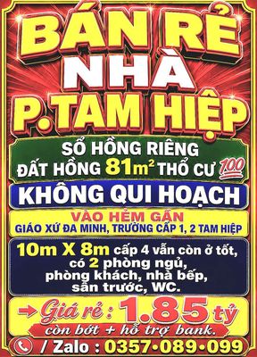 81m2 bán rẻ nhà tam hiệp, sổ hồng riêng thổ cư gần giáo xứ đa minh — ảnh 1