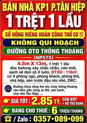 Bán nhà tân hiệp kp1, 1trệt 1lầu sổ hồng hoàn công thổ cư đường oto — ảnh 1