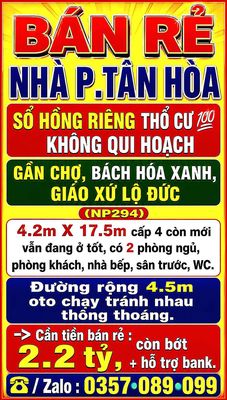 Bán rẻ nhà p.tân hòa, sổ hồng thổ cư gần chợ lộ đức, bách hóa xanh — ảnh 1