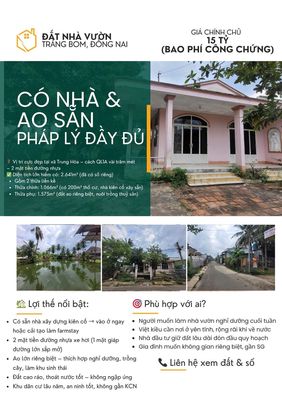 CHÍNH CHỦ CẦN BÁN Địa chỉ: Xã Trung Hòa, huyện Trảng Bom