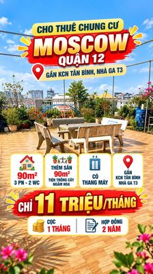Cho thuê căn hộ 3PN CC Moscow Q12 sát KCN Tân Bình kèm sân 90m2, 11tr — ảnh 1