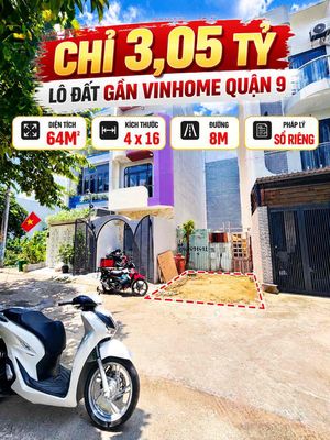 Chỉ 3,05 tỷ - lô đất gần vinhome quận 9 - dt 64m2 - đường 8m - sổ riên — ảnh 1