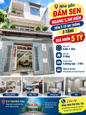 Nhà ngang 5,5m gần đầm sen – hẻm ô tô 5m thông – 3 tầng – 5,5 tỷ tl — ảnh 1